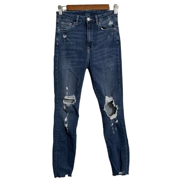 H&M &Denim Womens Dark Distressed Raw Hem Super Skinny High Waist Ankle Jeans 27 - Picture 1 of 9